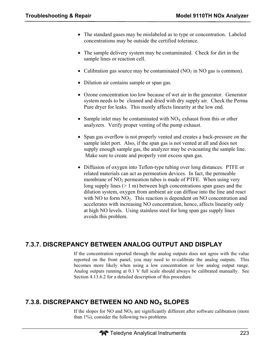 Discrepancy between analog output and display, Discrepancy between no and no, Slopes | Teledyne 9110TH - Nitrogen Oxides Analyzer User Manual | Page 243 / 335