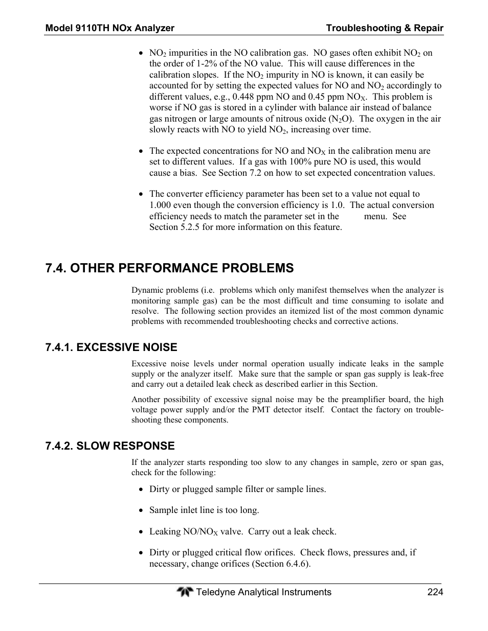 Other performance problems, Excessive noise, Slow response | Teledyne 9110TH - Nitrogen Oxides Analyzer User Manual | Page 244 / 335