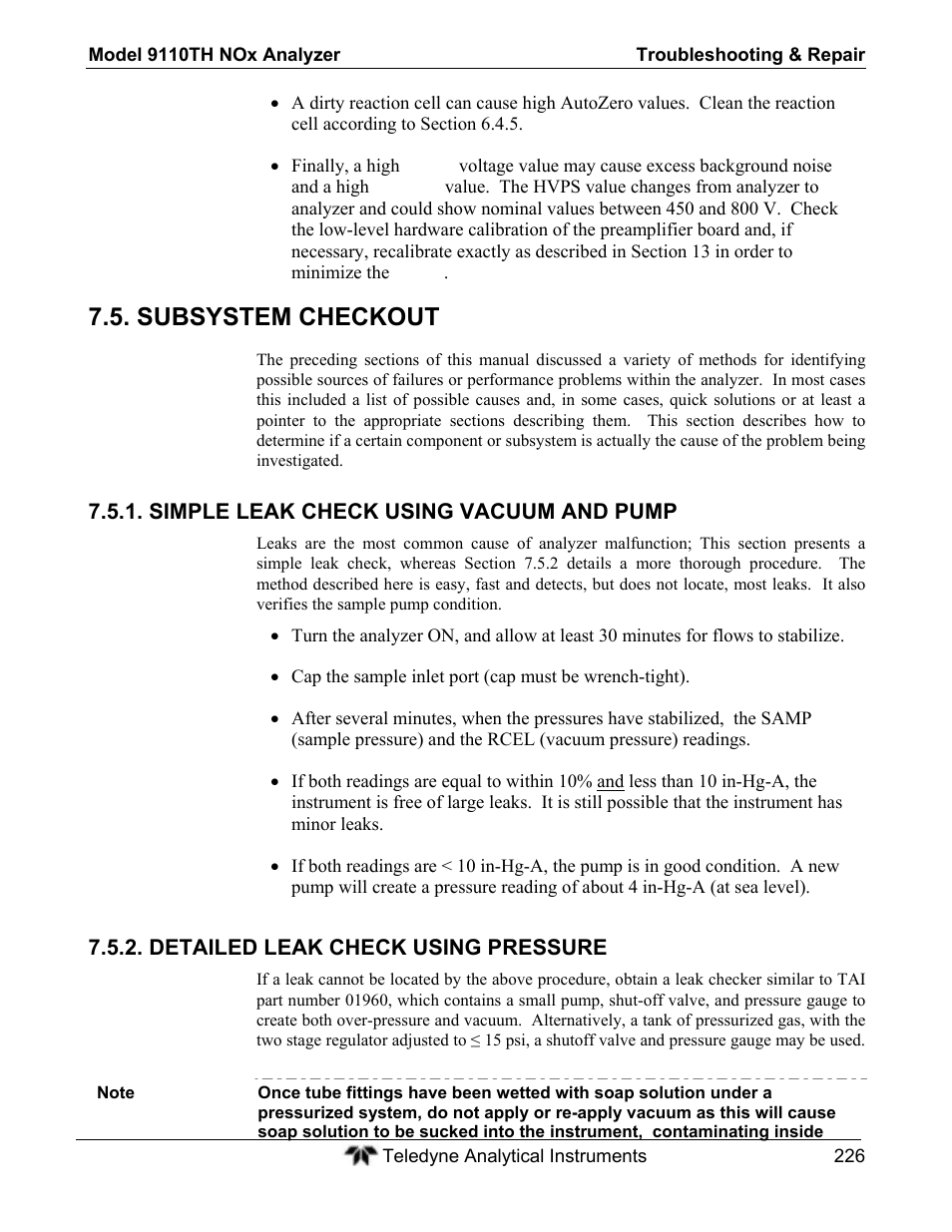 Subsystem checkout | Teledyne 9110TH - Nitrogen Oxides Analyzer User Manual | Page 246 / 335