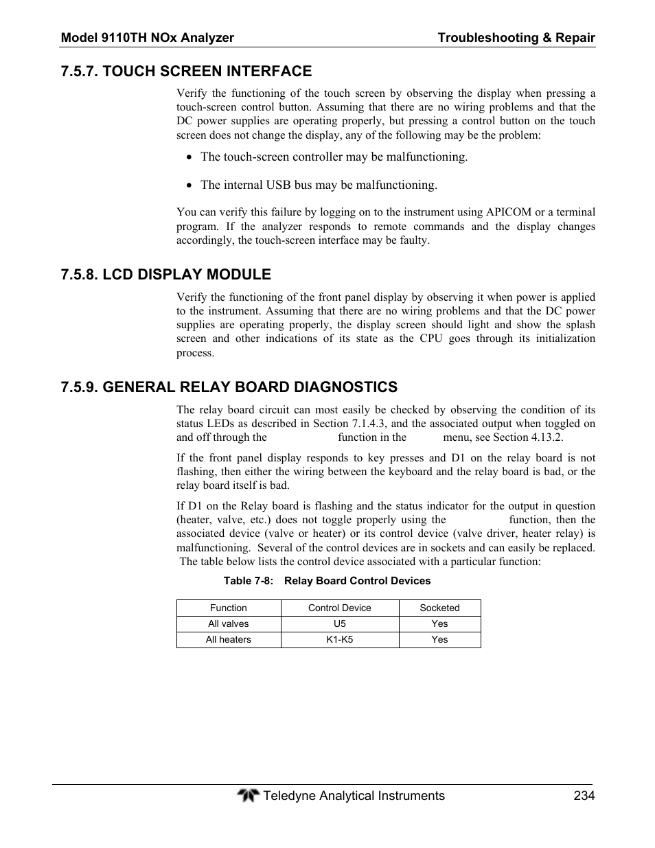 Touch screen interface, Lcd display module, General relay board diagnostics | Teledyne 9110TH - Nitrogen Oxides Analyzer User Manual | Page 254 / 335