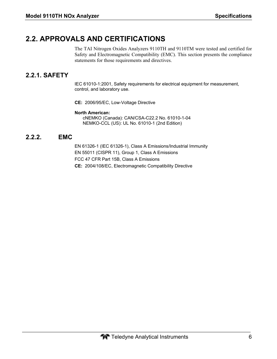 Approvals and certifications, Safety | Teledyne 9110TH - Nitrogen Oxides Analyzer User Manual | Page 26 / 335