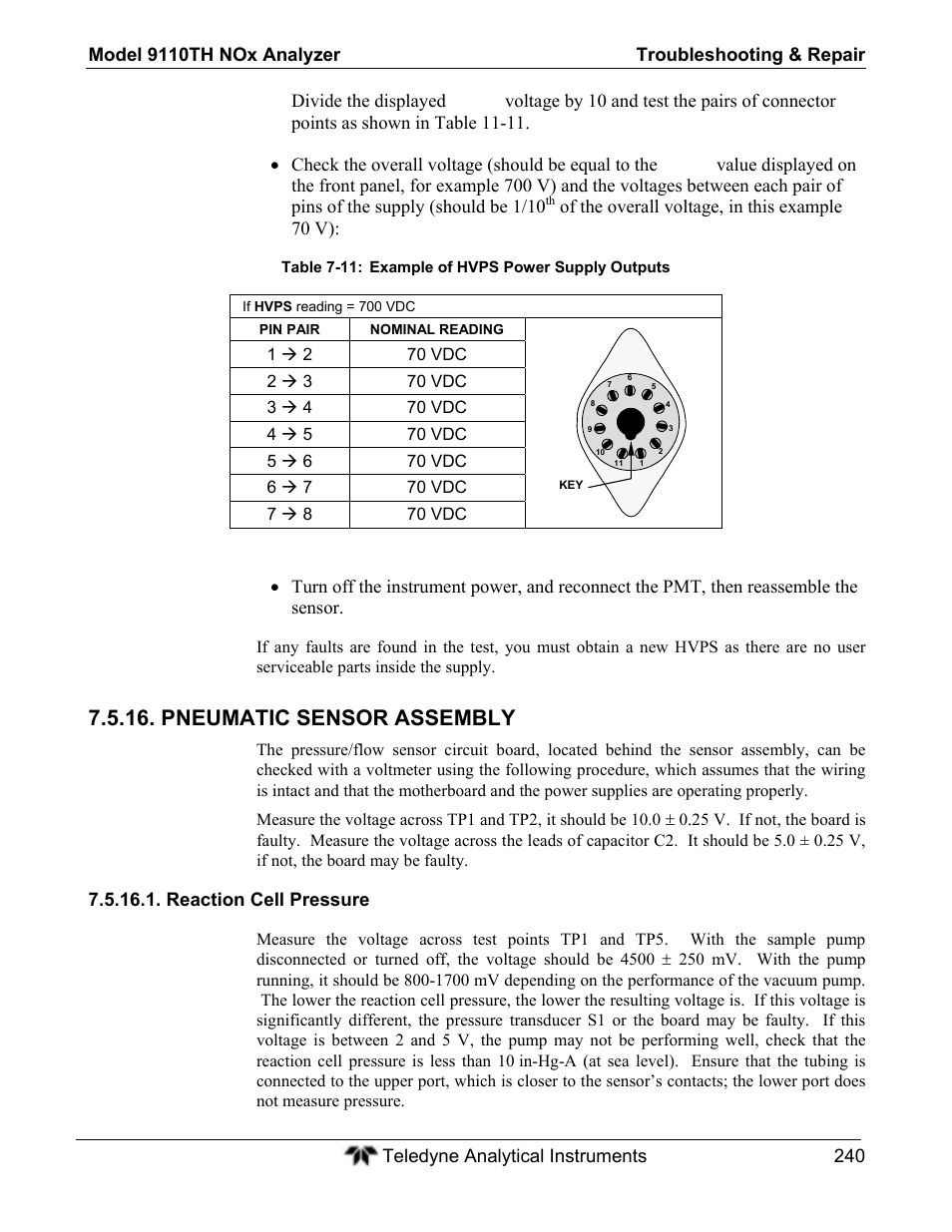 Pneumatic sensor assembly | Teledyne 9110TH - Nitrogen Oxides Analyzer User Manual | Page 260 / 335