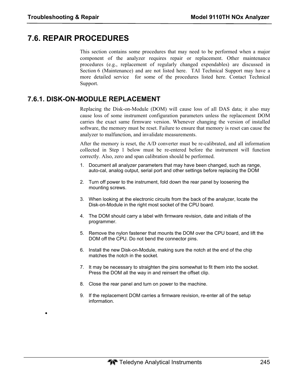 Repair procedures, Disk-on-module replacement | Teledyne 9110TH - Nitrogen Oxides Analyzer User Manual | Page 265 / 335