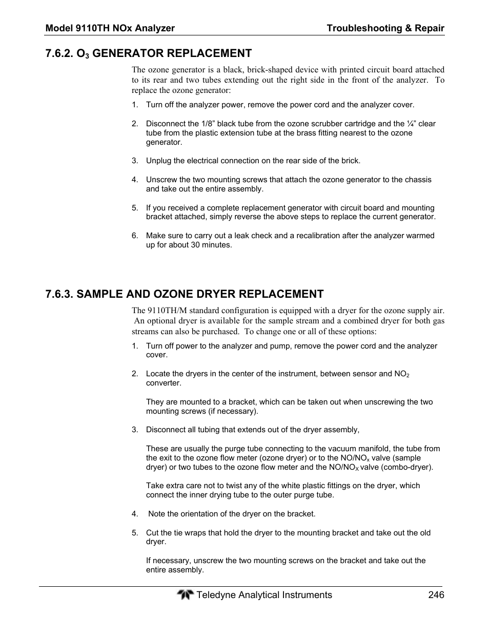 Generator replacement, Sample and ozone dryer replacement | Teledyne 9110TH - Nitrogen Oxides Analyzer User Manual | Page 266 / 335
