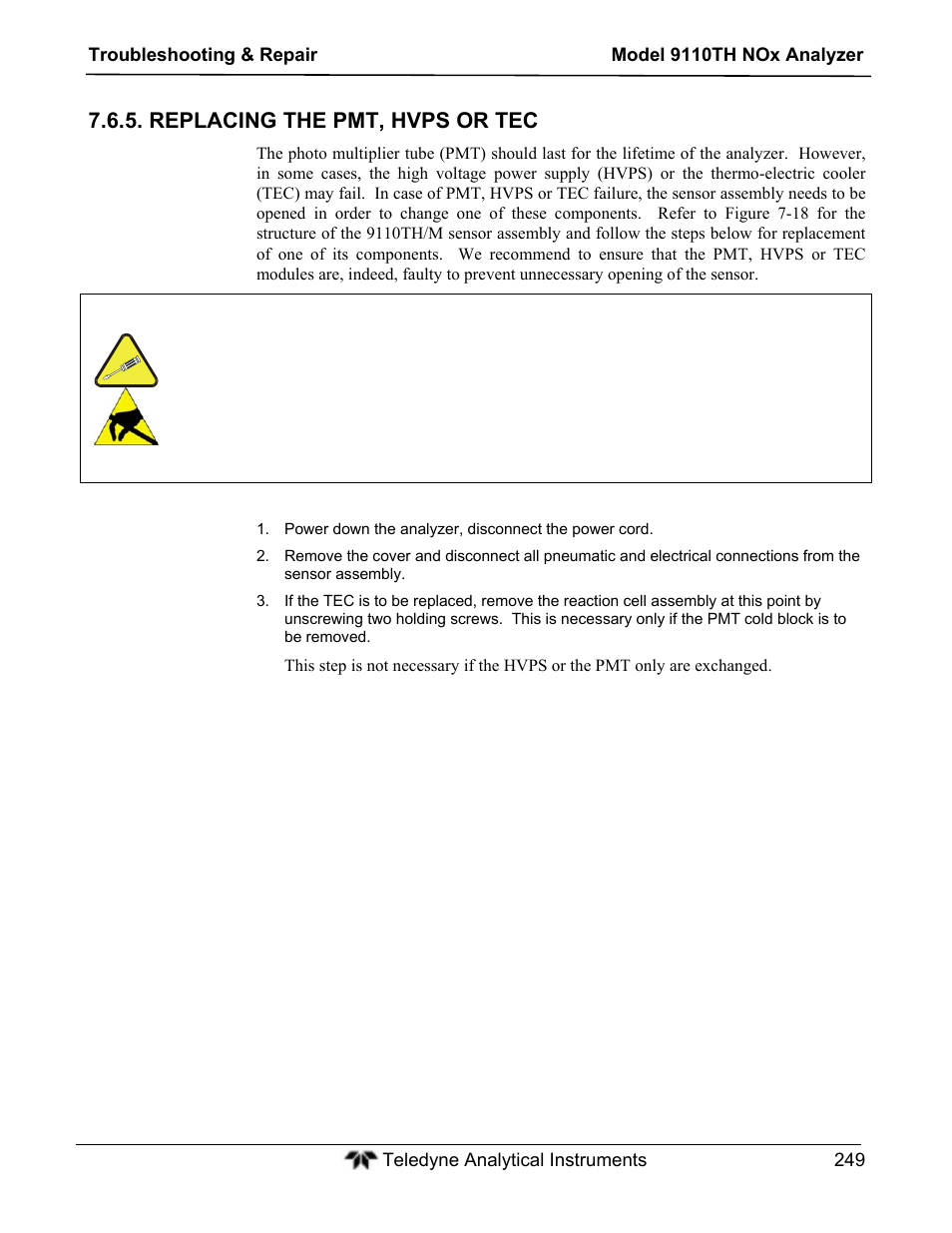 Replacing the pmt, hvps or tec | Teledyne 9110TH - Nitrogen Oxides Analyzer User Manual | Page 269 / 335