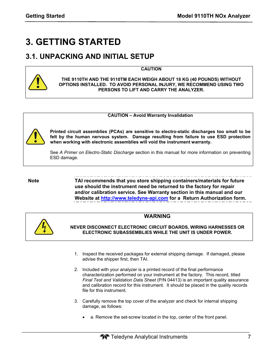 Getting started, Unpacking and initial setup | Teledyne 9110TH - Nitrogen Oxides Analyzer User Manual | Page 27 / 335