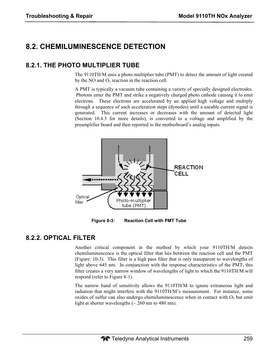 Chemiluminescence detection, The photo multiplier tube, Optical filter | Teledyne 9110TH - Nitrogen Oxides Analyzer User Manual | Page 279 / 335