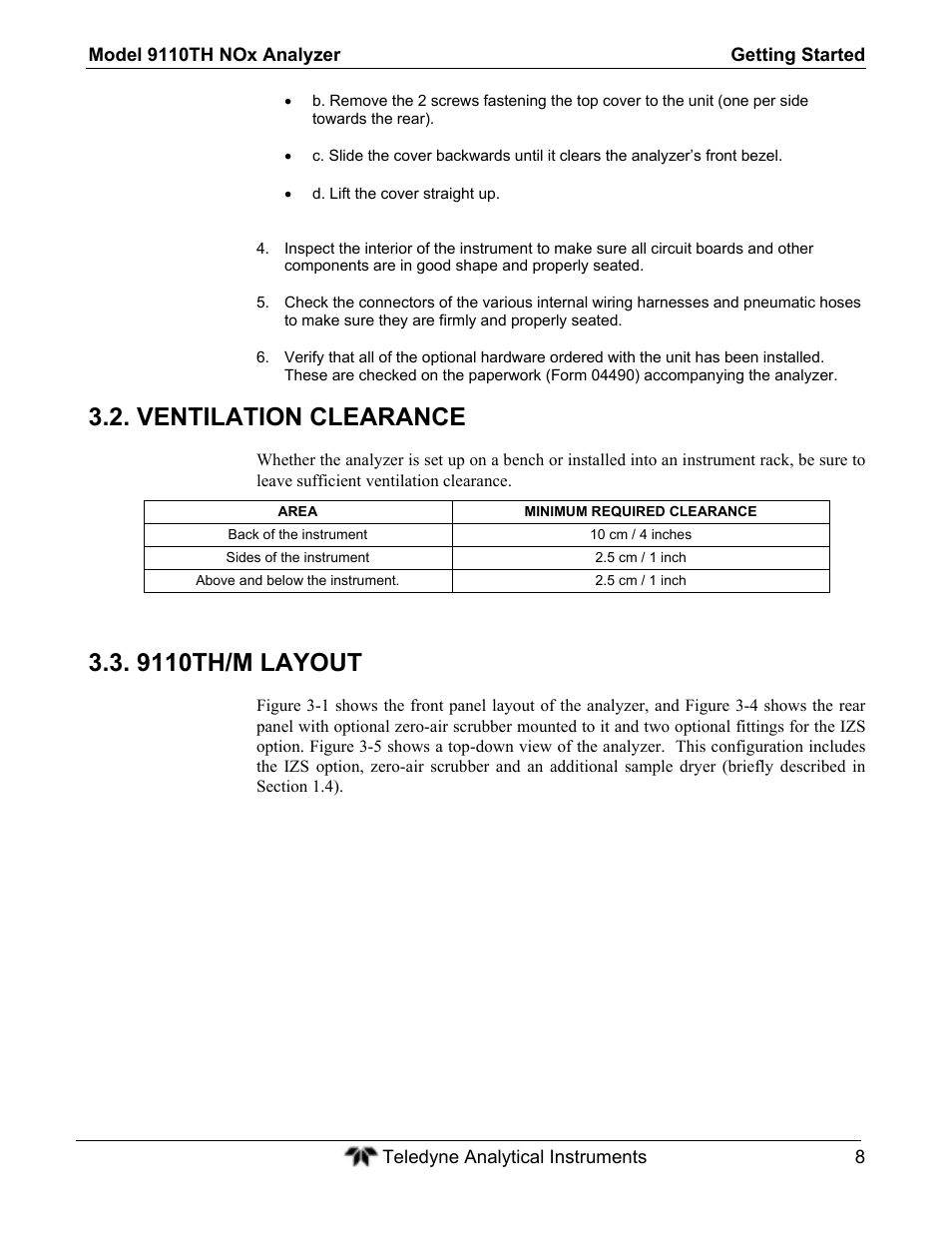 Ventilation clearance, 9110th/m layout | Teledyne 9110TH - Nitrogen Oxides Analyzer User Manual | Page 28 / 335