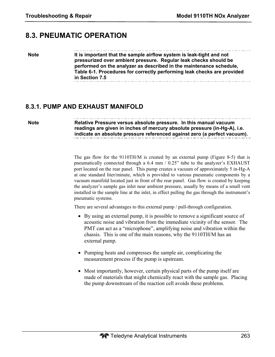 Pneumatic operation | Teledyne 9110TH - Nitrogen Oxides Analyzer User Manual | Page 283 / 335