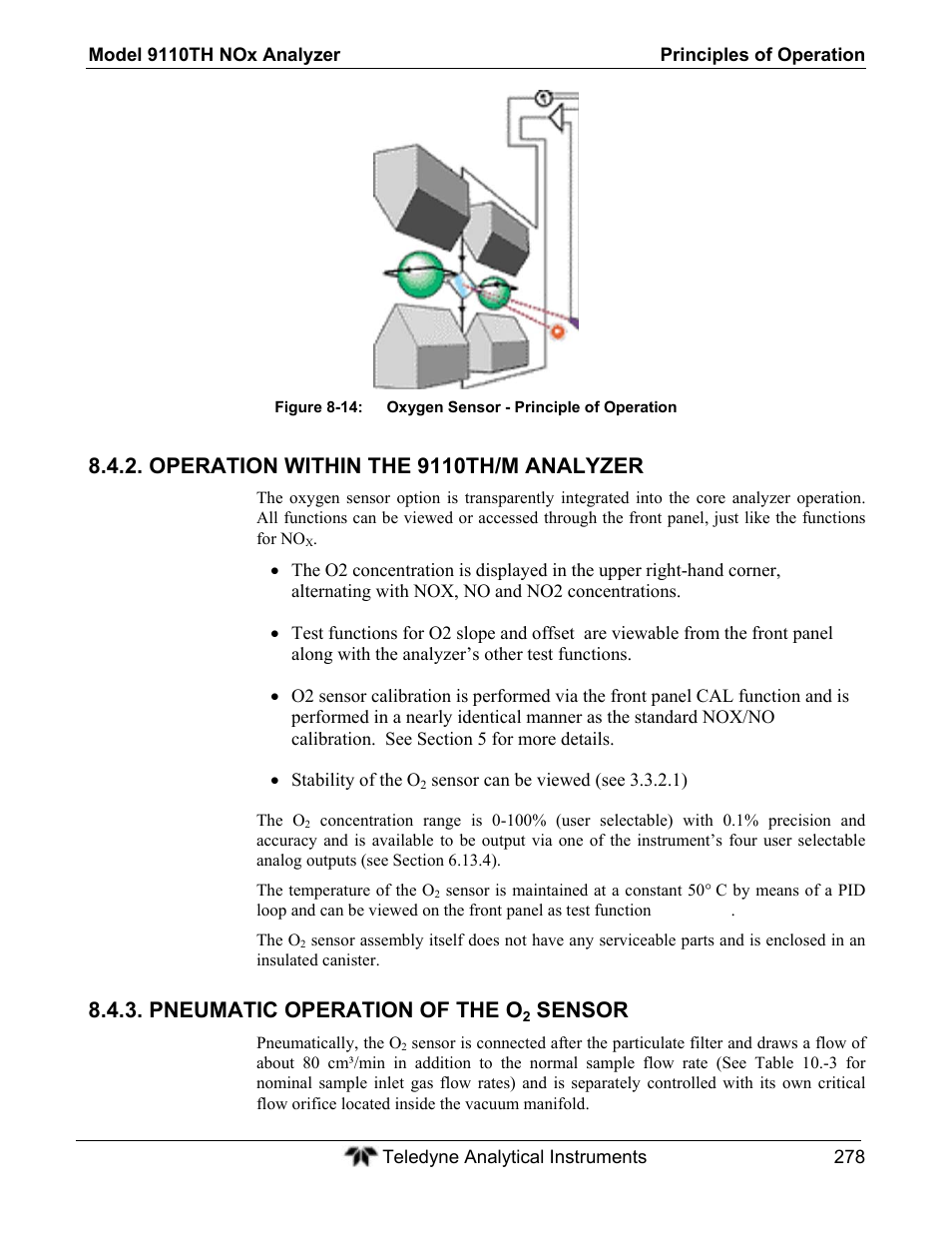 Operation within the 9110th/m analyzer, Pneumatic operation of the o, Sensor | Teledyne 9110TH - Nitrogen Oxides Analyzer User Manual | Page 298 / 335