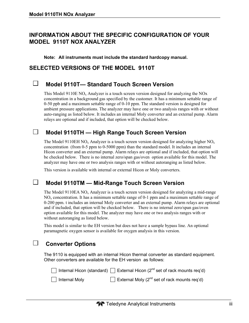 Model 9110th — high range touch screen version, Model 9110tm — mid-range touch screen version, Converter options | Teledyne 9110TH - Nitrogen Oxides Analyzer User Manual | Page 3 / 335
