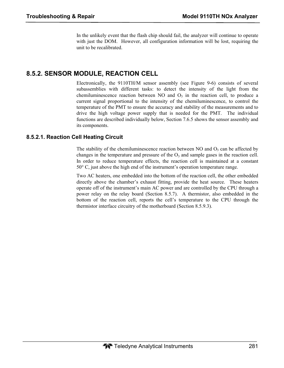 Sensor module, reaction cell | Teledyne 9110TH - Nitrogen Oxides Analyzer User Manual | Page 301 / 335