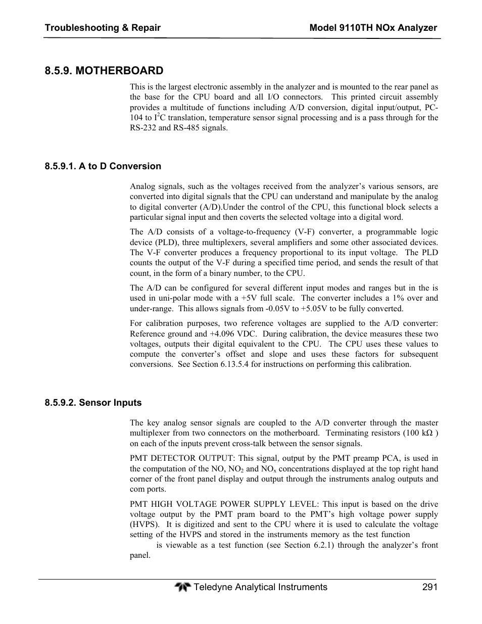 Motherboard | Teledyne 9110TH - Nitrogen Oxides Analyzer User Manual | Page 311 / 335