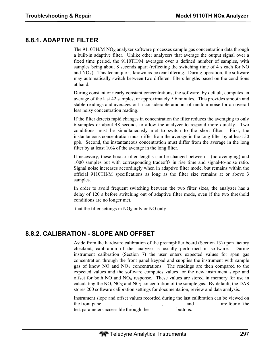 Adaptive filter, Calibration - slope and offset | Teledyne 9110TH - Nitrogen Oxides Analyzer User Manual | Page 317 / 335