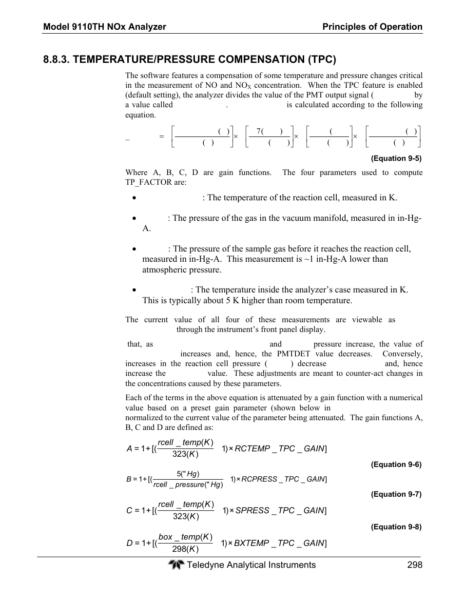 Temperature/pressure compensation (tpc) | Teledyne 9110TH - Nitrogen Oxides Analyzer User Manual | Page 318 / 335