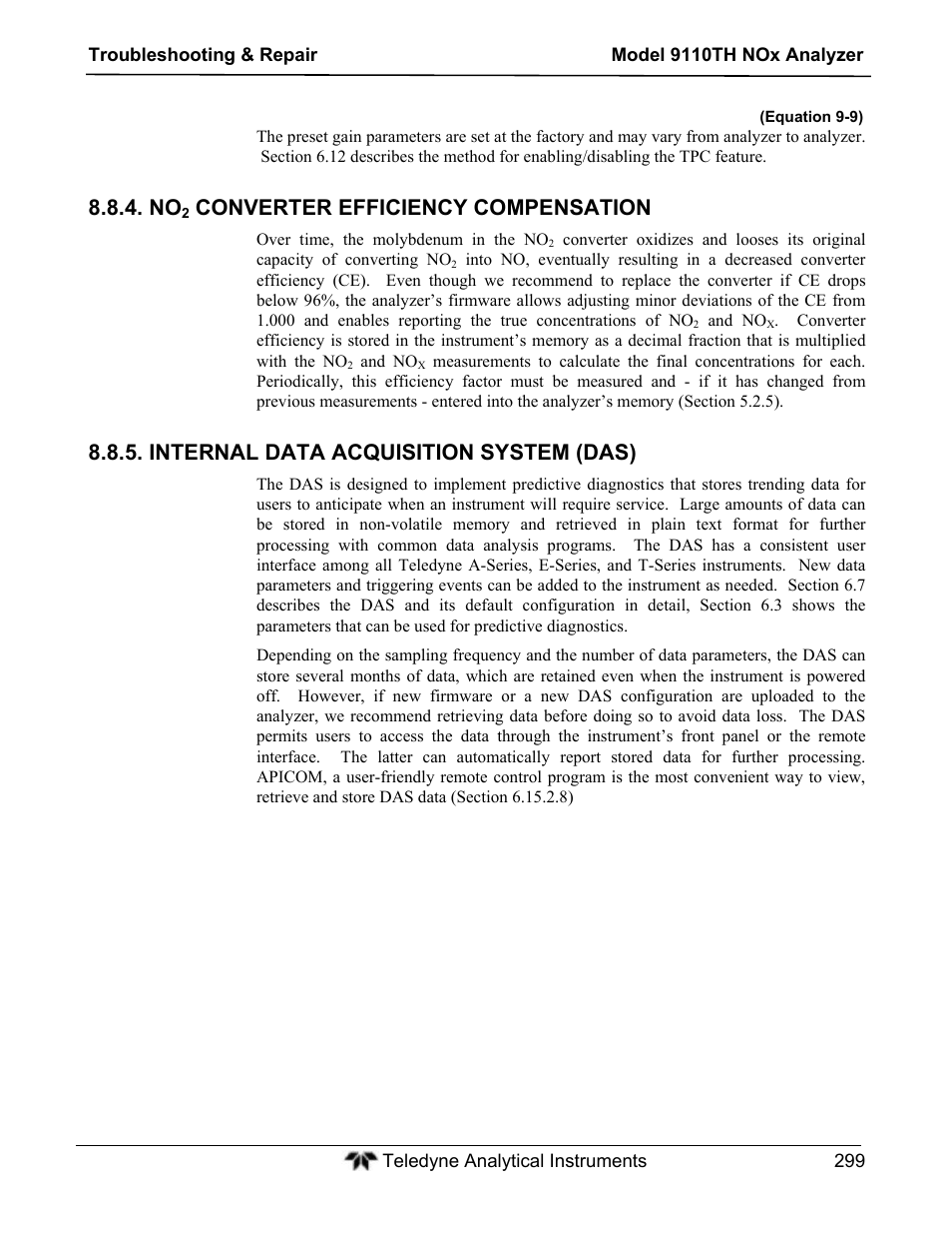 Converter efficiency compensation, Internal data acquisition system (das) | Teledyne 9110TH - Nitrogen Oxides Analyzer User Manual | Page 319 / 335