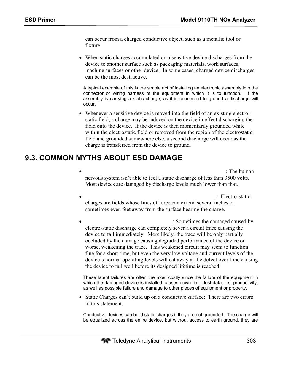 Common myths about esd damage | Teledyne 9110TH - Nitrogen Oxides Analyzer User Manual | Page 323 / 335