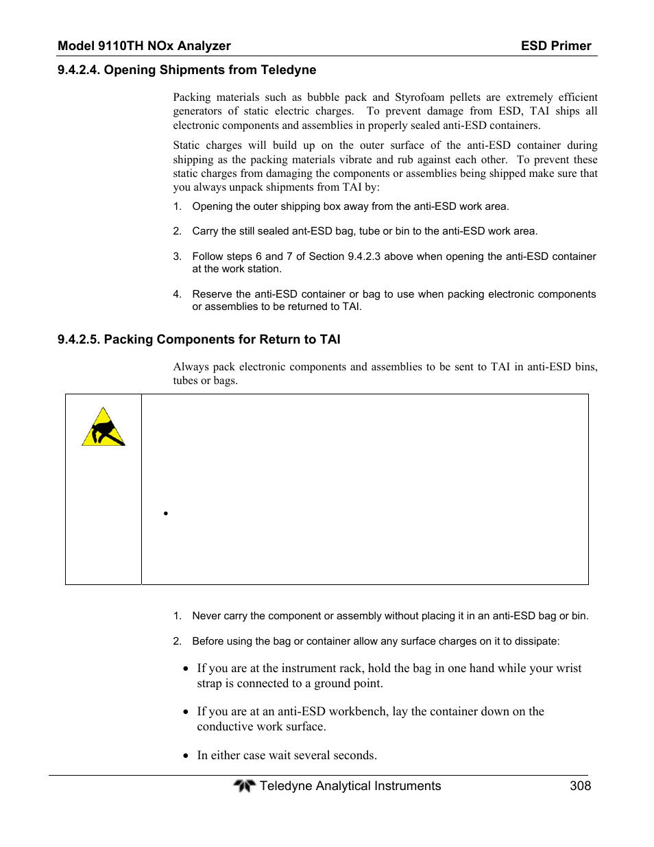 Warning | Teledyne 9110TH - Nitrogen Oxides Analyzer User Manual | Page 328 / 335