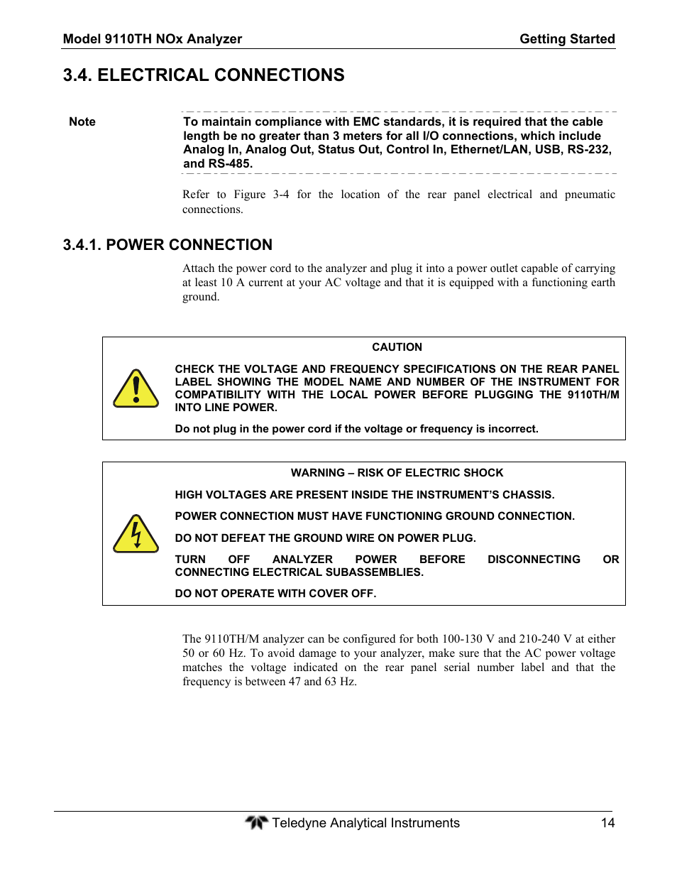 Electrical connections, Power connection | Teledyne 9110TH - Nitrogen Oxides Analyzer User Manual | Page 34 / 335