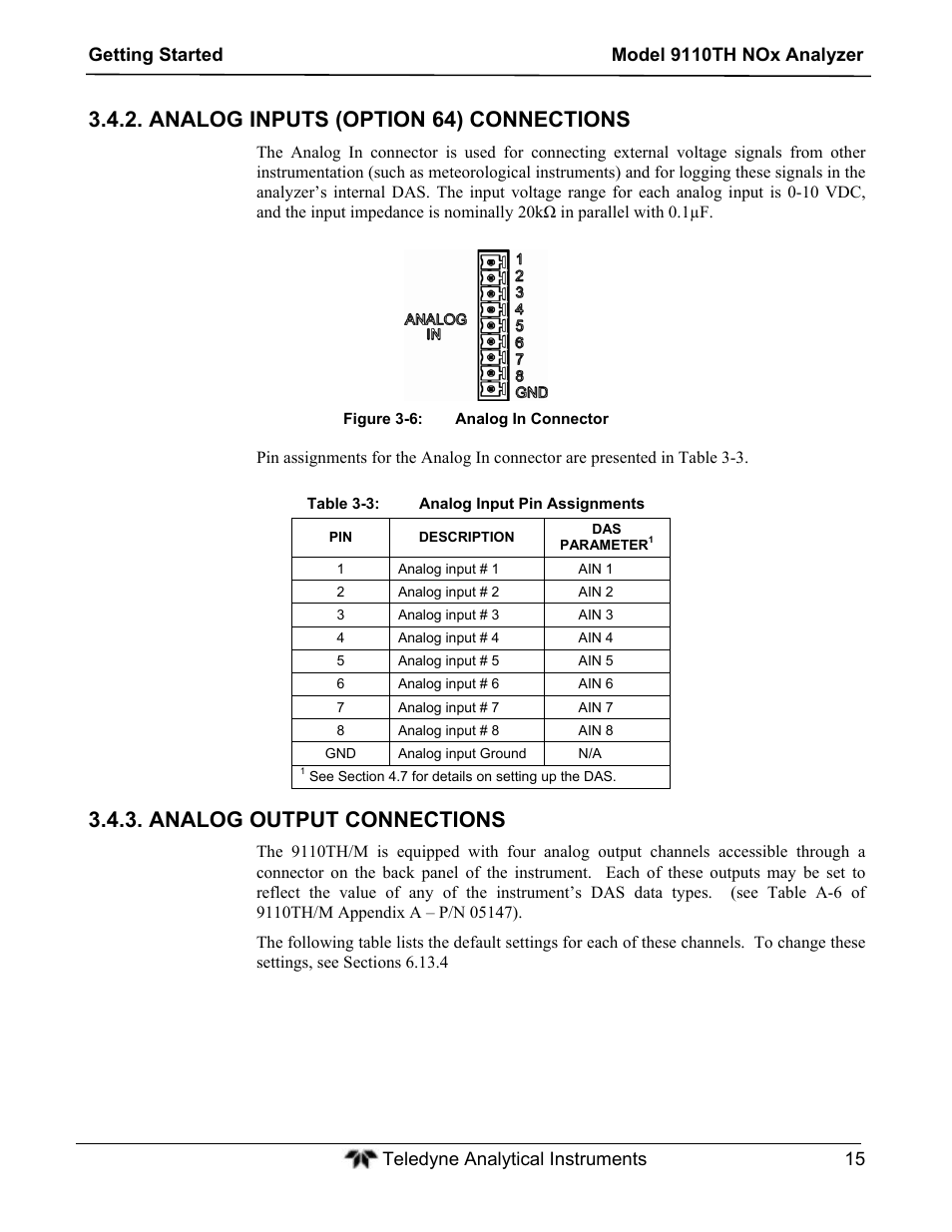 Analog inputs (option 64) connections, Analog output connections | Teledyne 9110TH - Nitrogen Oxides Analyzer User Manual | Page 35 / 335