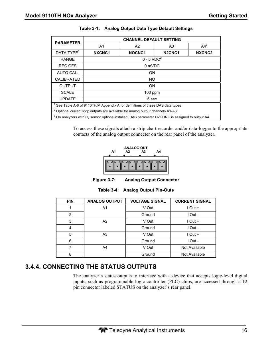 Connecting the status outputs | Teledyne 9110TH - Nitrogen Oxides Analyzer User Manual | Page 36 / 335