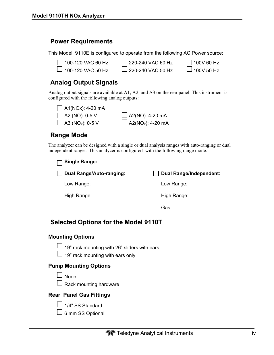 Power requirements, Analog output signals, Range mode | Selected options for the model 9110t | Teledyne 9110TH - Nitrogen Oxides Analyzer User Manual | Page 4 / 335