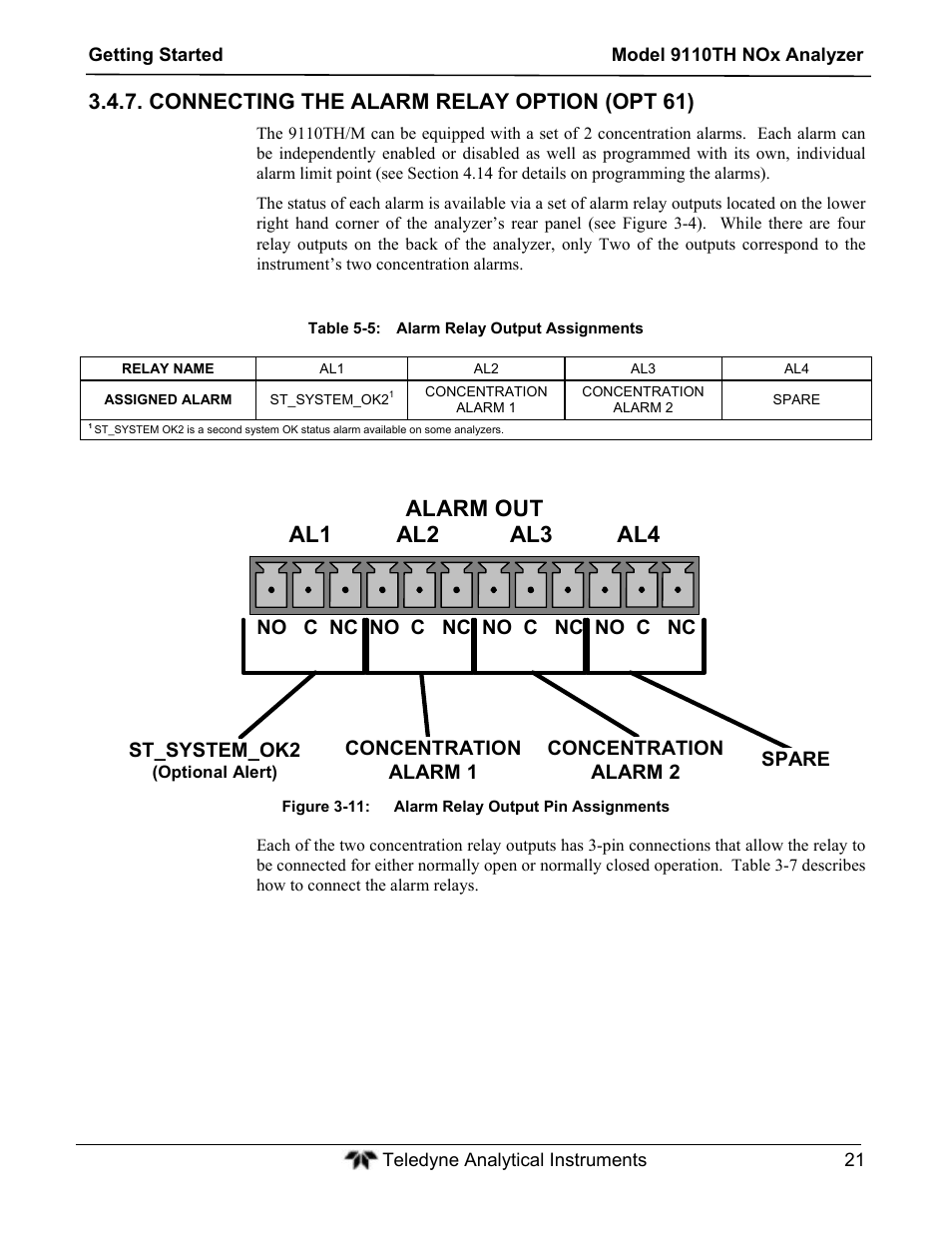 Alarm out al1 al2 al3 al4, Connecting the alarm relay option (opt 61), No c nc no c nc no c nc no c nc st_system_ok2 | Concentration alarm 1, Concentration alarm 2, Spare | Teledyne 9110TH - Nitrogen Oxides Analyzer User Manual | Page 41 / 335