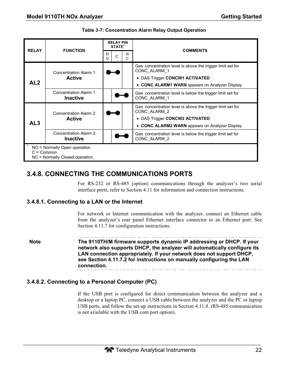Connecting the communications ports | Teledyne 9110TH - Nitrogen Oxides Analyzer User Manual | Page 42 / 335