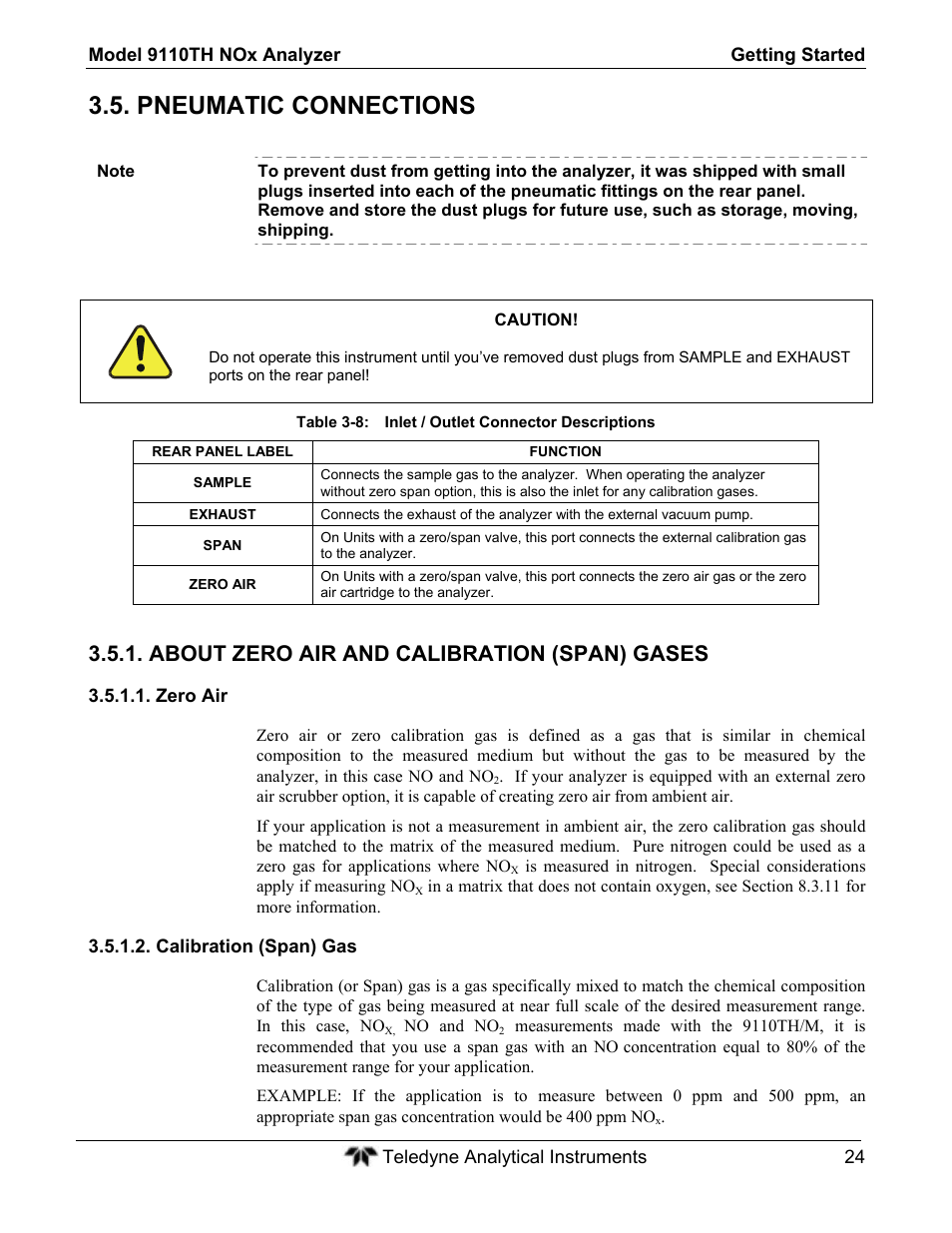 Pneumatic connections, About zero air and calibration (span) gases | Teledyne 9110TH - Nitrogen Oxides Analyzer User Manual | Page 44 / 335