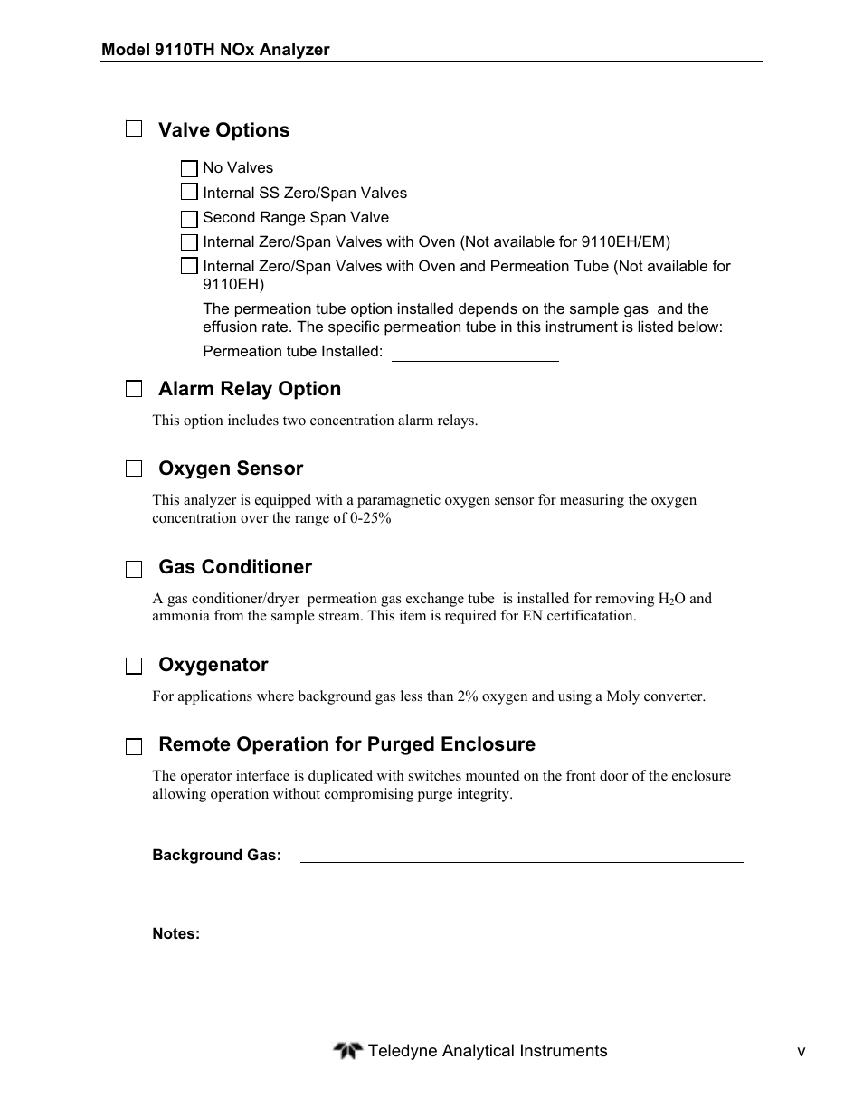 Valve options, Alarm relay option, Oxygen sensor | Gas conditioner, Oxygenator, Remote operation for purged enclosure | Teledyne 9110TH - Nitrogen Oxides Analyzer User Manual | Page 5 / 335