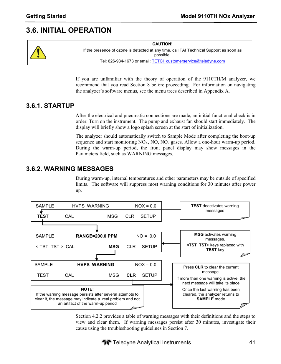Initial operation, Startup, Warning messages | Teledyne 9110TH - Nitrogen Oxides Analyzer User Manual | Page 61 / 335