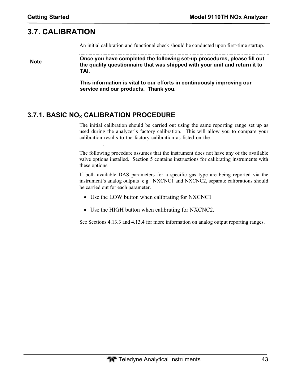 Calibration | Teledyne 9110TH - Nitrogen Oxides Analyzer User Manual | Page 63 / 335