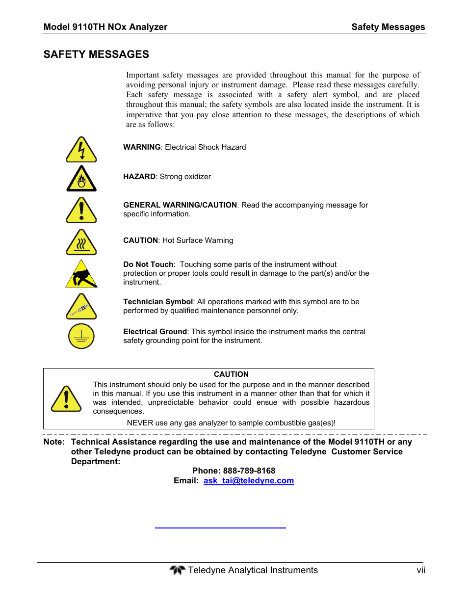 Safety messages | Teledyne 9110TH - Nitrogen Oxides Analyzer User Manual | Page 7 / 335