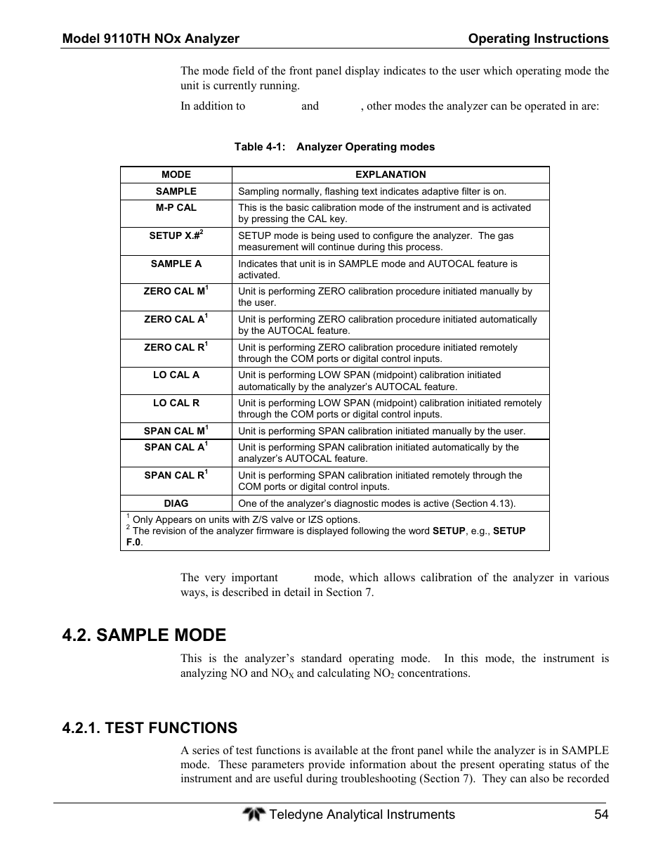 Sample mode, Test functions | Teledyne 9110TH - Nitrogen Oxides Analyzer User Manual | Page 74 / 335