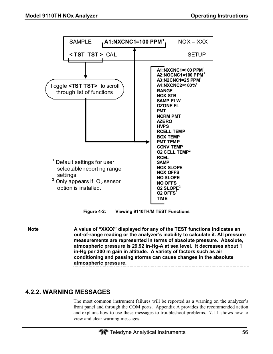 Warning messages | Teledyne 9110TH - Nitrogen Oxides Analyzer User Manual | Page 76 / 335