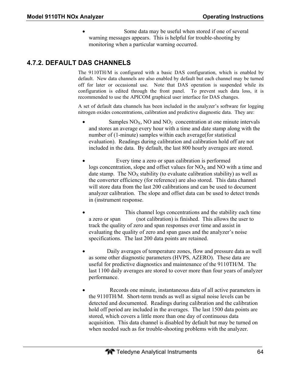 Default das channels | Teledyne 9110TH - Nitrogen Oxides Analyzer User Manual | Page 84 / 335