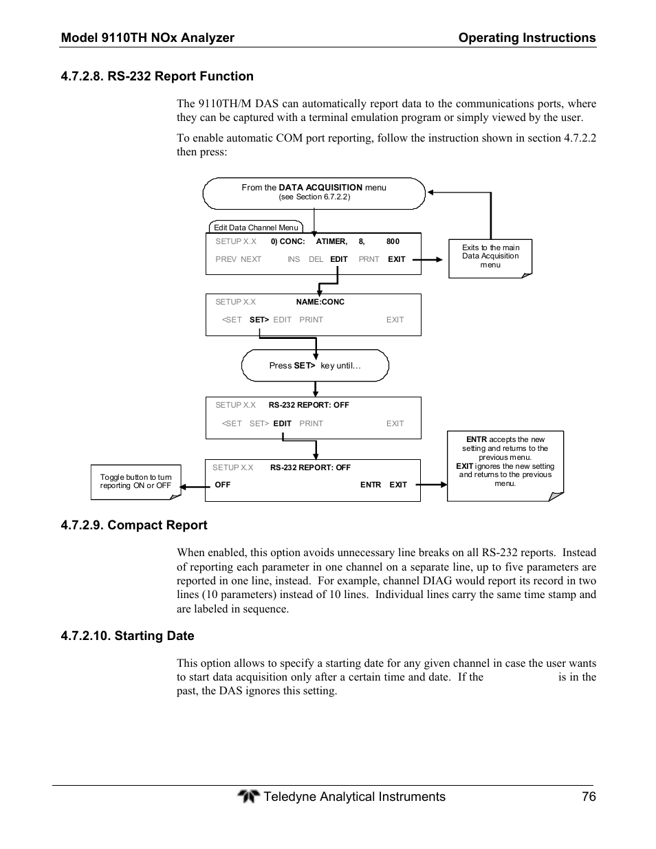 Rs-232 report function, Compact report, Starting date | Teledyne 9110TH - Nitrogen Oxides Analyzer User Manual | Page 96 / 335