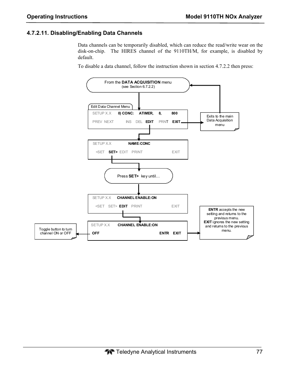 Disabling/enabling data channels | Teledyne 9110TH - Nitrogen Oxides Analyzer User Manual | Page 97 / 335