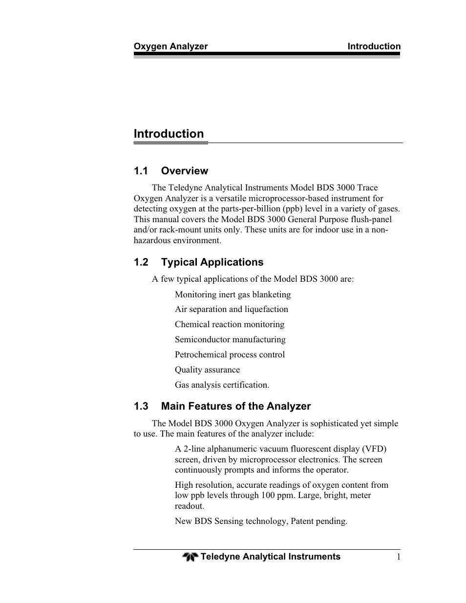 Introduction, 1 overview, 2 typical applications | 3 main features of the analyzer | Teledyne BDS-3000 - Oxygen analyzer User Manual | Page 15 / 100