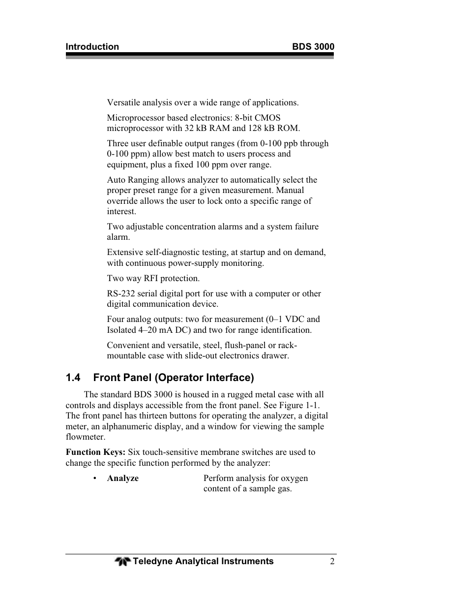 4 front panel (operator interface) | Teledyne BDS-3000 - Oxygen analyzer User Manual | Page 16 / 100