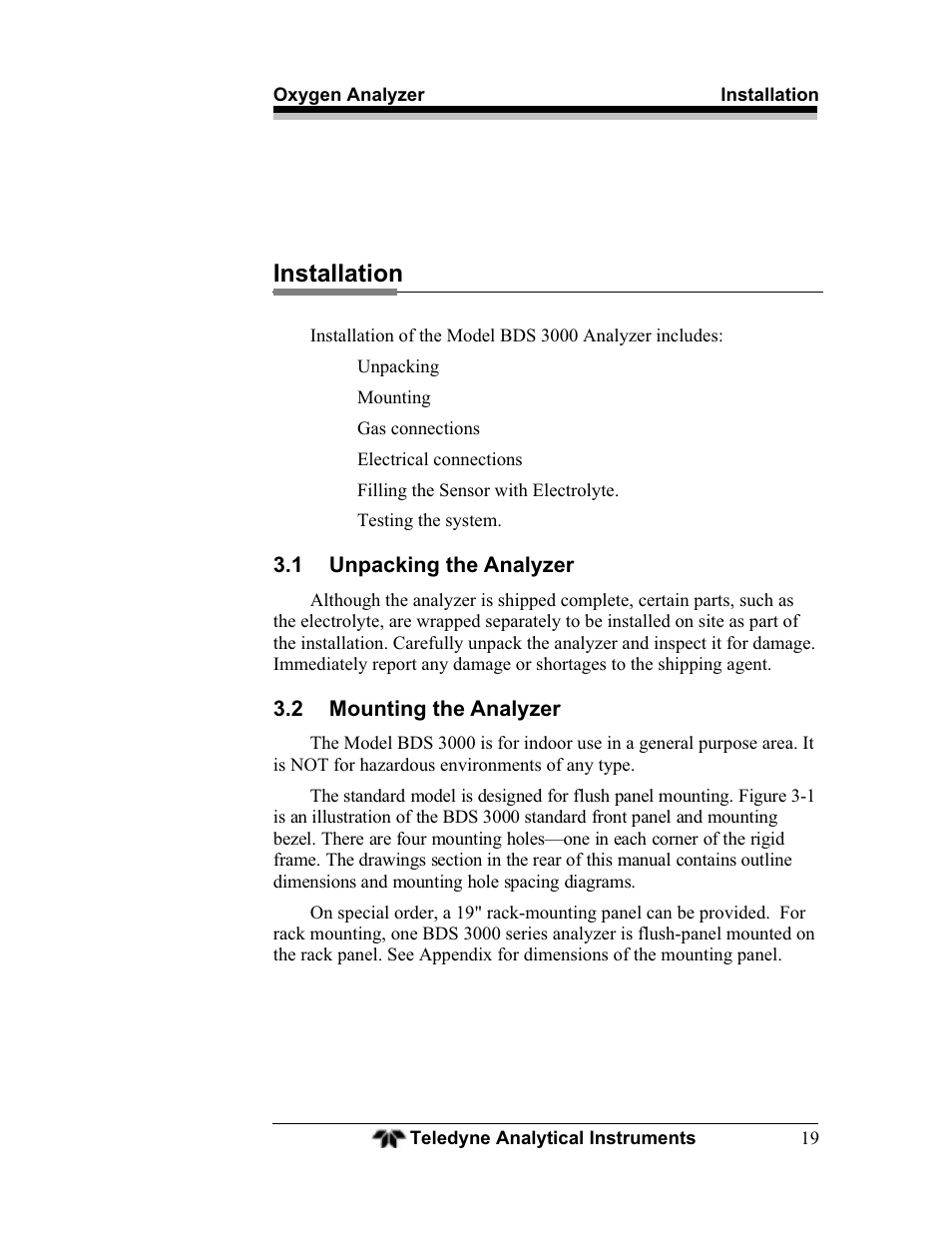 Installation, 1 unpacking the analyzer, 2 mounting the analyzer | Teledyne BDS-3000 - Oxygen analyzer User Manual | Page 33 / 100