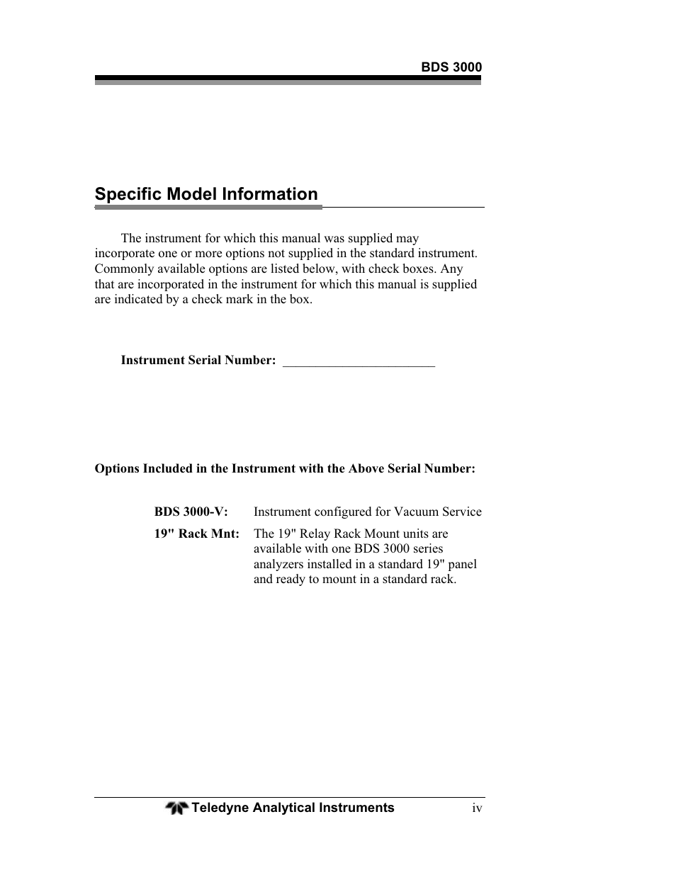 Specific model information | Teledyne BDS-3000 - Oxygen analyzer User Manual | Page 4 / 100