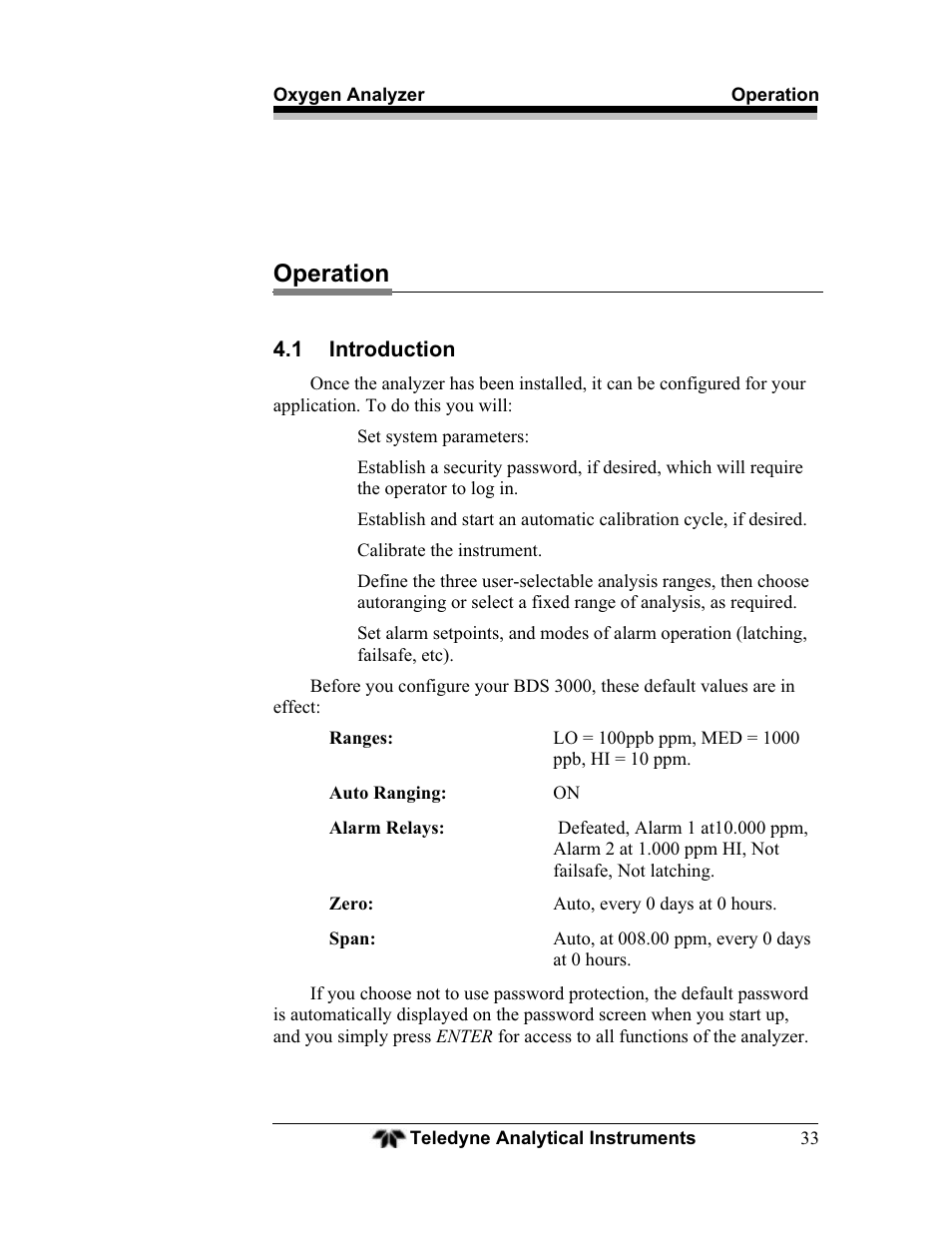 Operation, 1 introduction | Teledyne BDS-3000 - Oxygen analyzer User Manual | Page 47 / 100