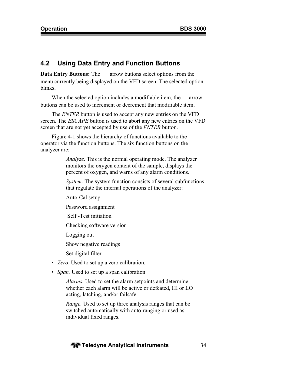 2 using data entry and function buttons | Teledyne BDS-3000 - Oxygen analyzer User Manual | Page 48 / 100