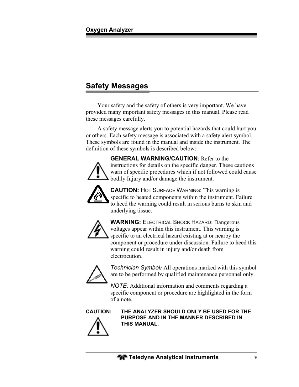 Safety messages | Teledyne BDS-3000 - Oxygen analyzer User Manual | Page 5 / 100