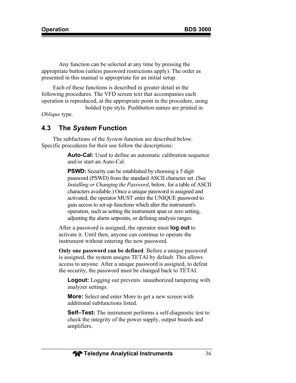 3 the system function | Teledyne BDS-3000 - Oxygen analyzer User Manual | Page 50 / 100