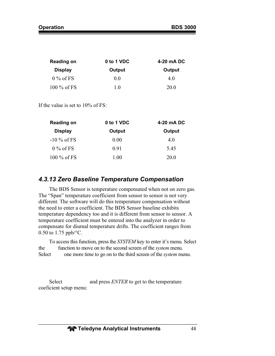 13 zero baseline temperature compensation | Teledyne BDS-3000 - Oxygen analyzer User Manual | Page 62 / 100