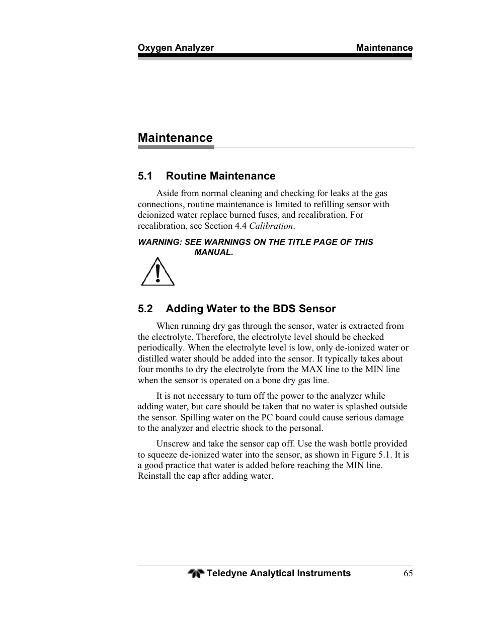 Maintenance | Teledyne BDS-3000 - Oxygen analyzer User Manual | Page 79 / 100