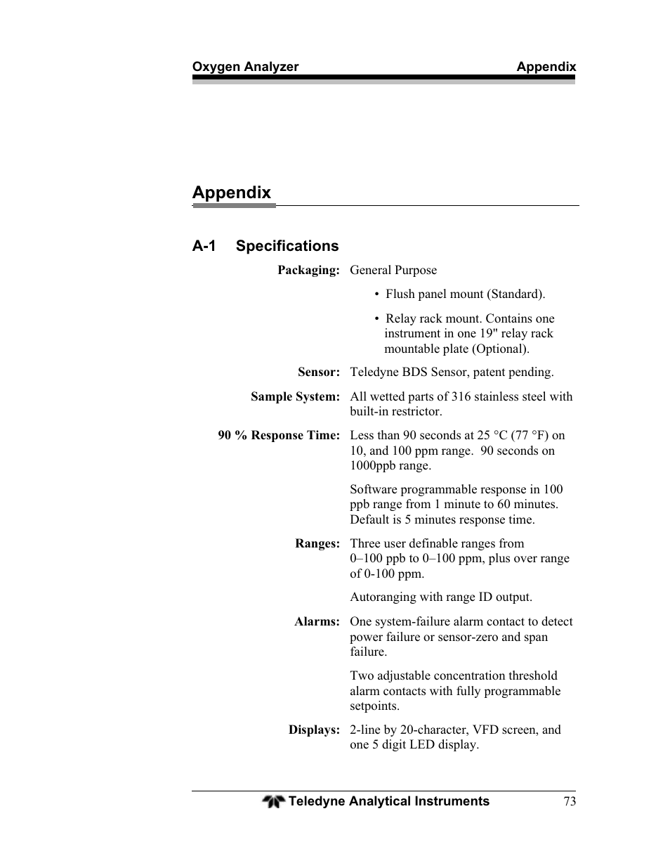 Appendix | Teledyne BDS-3000 - Oxygen analyzer User Manual | Page 87 / 100