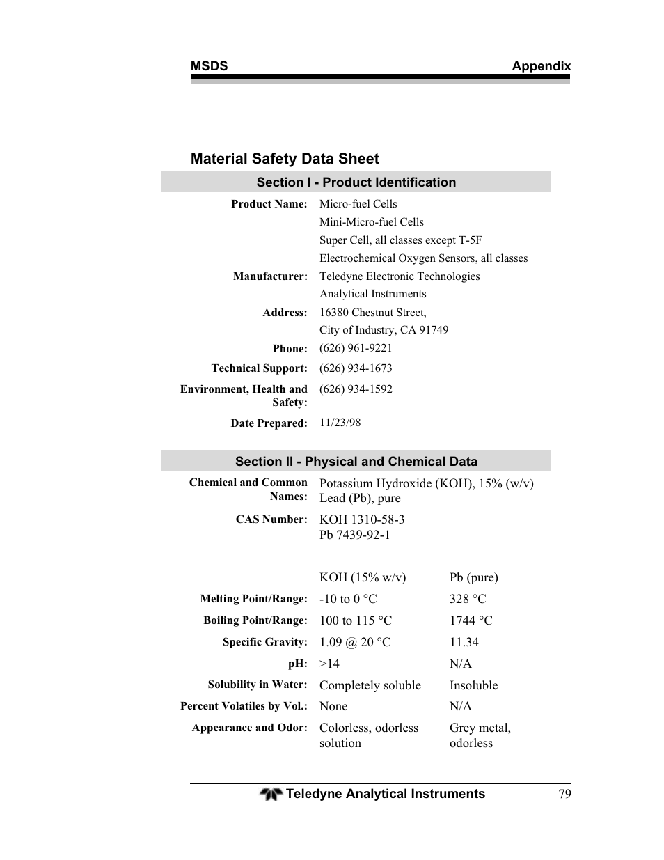 Material safety data sheet | Teledyne BDS-3000 - Oxygen analyzer User Manual | Page 93 / 100